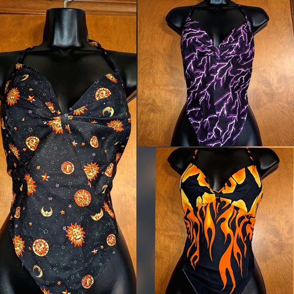 Vintage 90s bandana Top, 3 styles, sun moon celestial print, flames, lightning,
